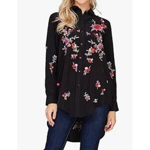 Zara Shirt Sz XS Floral Embroidered Black Button Down Y2K Parisian